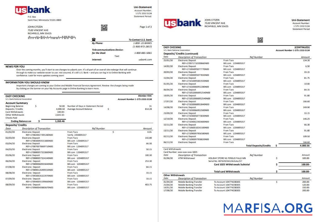 Blank USA U.S. bank statement word 3 pages download for verification